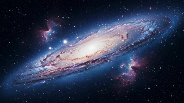 Vibrant spiral galaxy with swirling arms and bright core, set against a deep space backdrop with stars and cosmic dust