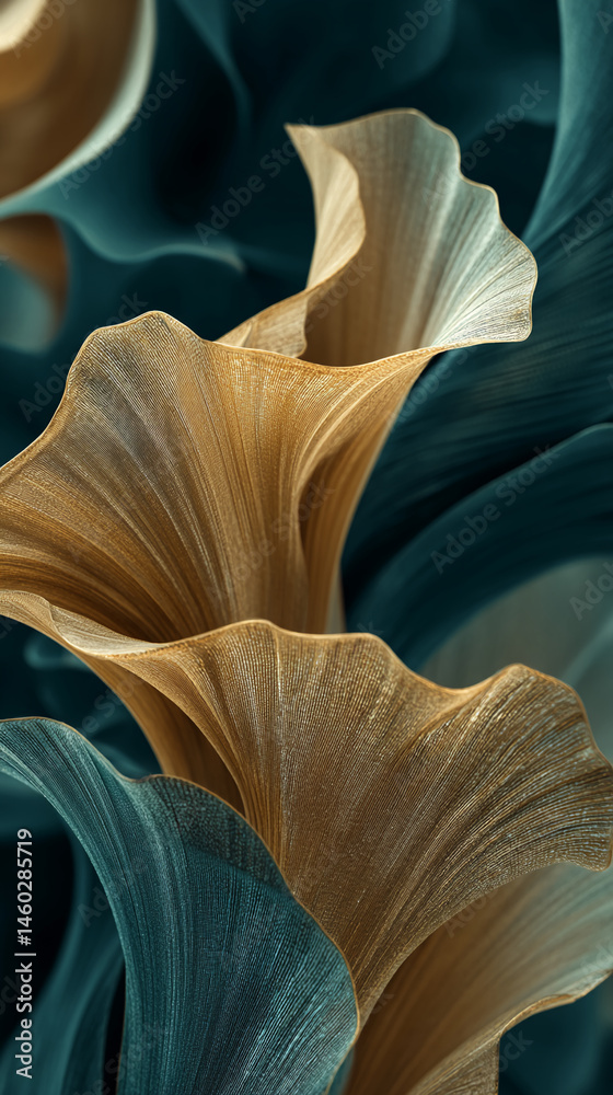 Poster Close-up of textured golden and teal leaves, creating elegant, flowing forms.  Abstract image symbolizing nature's beauty, perfect for design projects