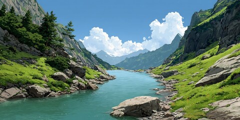 Mountain lake vista Tranquil turquoise waters dramatic peaks