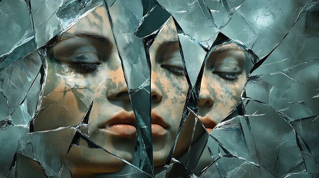 Shattered reflection of a serene face through fractured glass.