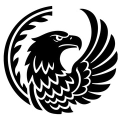 Stylized black eagle head with wings in a circular frame, vector illustration.