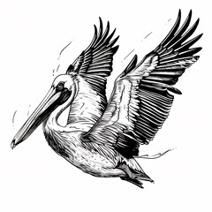 Minimalist silhouette Pelican diving spectacular plunge clean vector lines main color white accent color none simple background