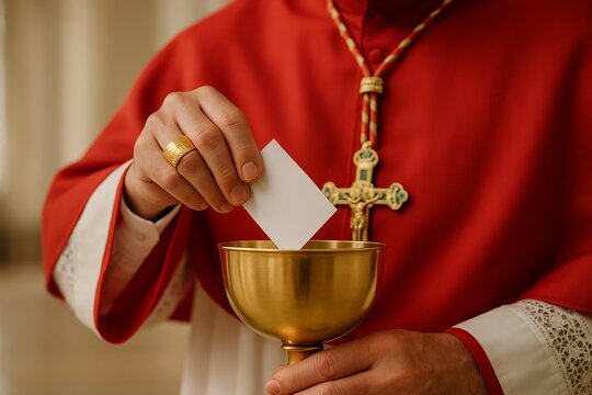 Hand of a cardinal voting for the nwe Pope by putting his name on card in a golden chalice at the conclave