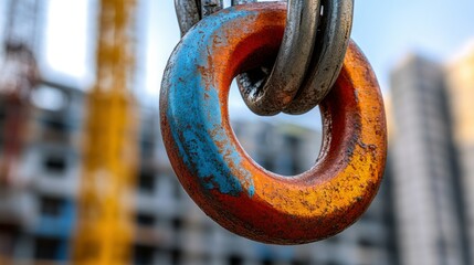 Rusty, painted lifting ring on construction site