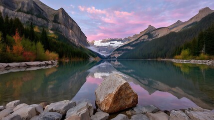 Serene Dawn at a Mountain Lake with Vibrant Skies and Reflection