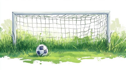 Soccer Ball at Goal Net Green Grass Field Summer Sports Illustration Artistic Watercolor Painting Design Graphic Digital Image  Background Texture Template fun game team match white black   