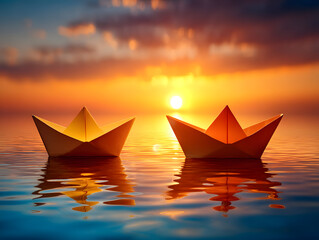 Fototapeta premium Two paper boats floating towards each other