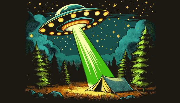 UFO Beaming Light Over Tent in Enchanted Forest Night Scene  