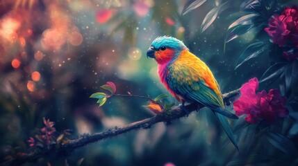 Vibrant colorful parrot perched on a branch.