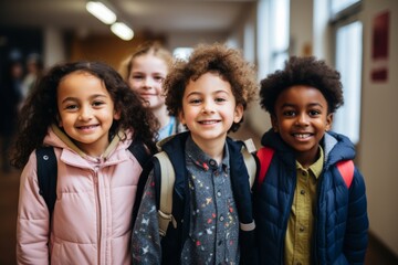 portrait of a diverse kids students in elementary school hallway with lockers
