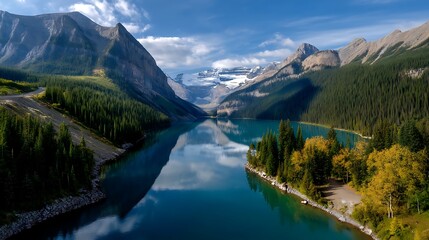 Fototapeta premium Majestic Mountain Landscape with Calm Lake and Lush Forests