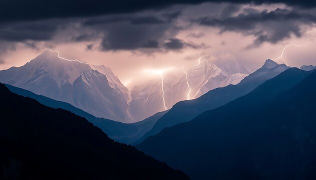 view of a mountain range with lightning in the sky