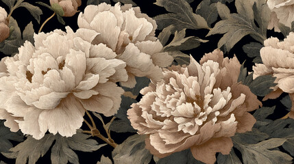 Close-up of beige peonies and leaves on black background, textured like embroidery, conveying elegance, sophistication, and natural beauty, ideal for design projects