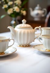 Fototapeta premium white table topped with two cups and saucers