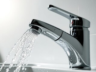 An open tap with water flowing under pressure