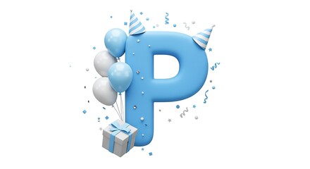 A capital letter P in vibrant blue, illustrated in a soft and realistic birthday theme,