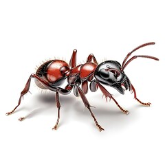 Detailed Close-Up of a Red and Black Ant on a White Background