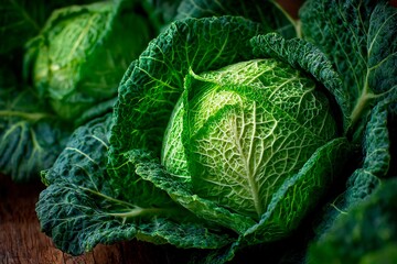Fototapeta premium Fresh green cabbage displays intricate leafy textures at a local farmer's market. The early morning sunlight highlights the vibrant colors, creating a beautiful natural setting