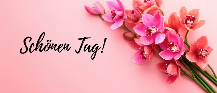 Elegante rosa Orchideenbl&uuml;ten mit Sch&ouml;nen Tag Gru&szlig; auf zartem Hintergrund f&uuml;r positive Botschaften und saisonale Gr&uuml;&szlig;e