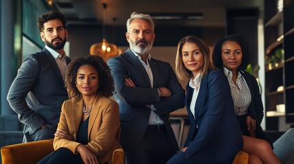 Group of diverse professionals posing confidently in a modern office environment for a team photo