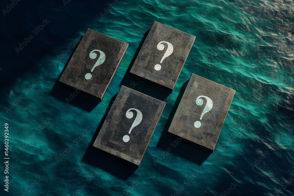 Poster Four dark blocks with white question marks sit on teal textured surface, symbolizing uncertainty, inquiry, or the search for answers