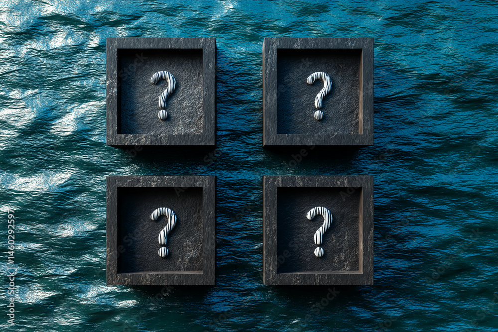 Poster four dark gray square frames on a textured teal background each contain a striped question mark symb