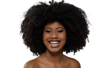 Smiling woman with a voluminous afro hairstyle