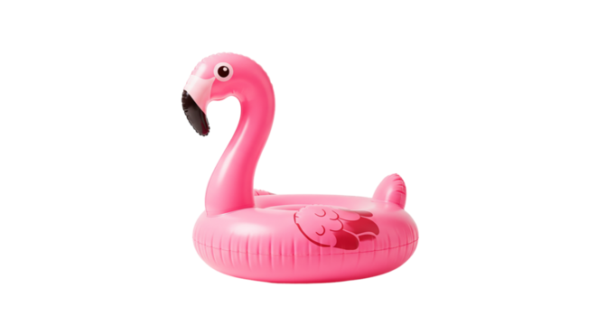 A pink inflatable flamingo pool float isolated on a black background in a studio setting