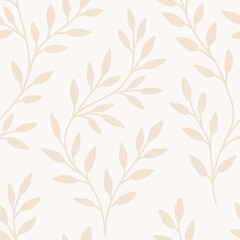 Seamless botanical pattern, abstract ornament of simple hand drawn silhouettes of plants. Floral print, small branches, tiny leaves, foliage on background. Vector illustration