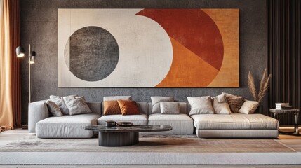Modern living room with abstract art,  Relaxing interior design,  Contemporary style