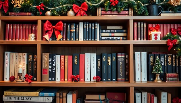 bookshelf filled with lots of books covered in christmas decorations
