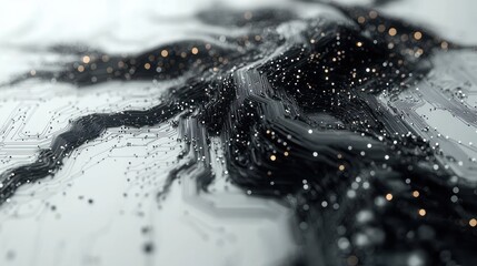 Abstract digital landscape with intricate circuit-like patterns, shimmering particles and textured surface.  Dark and light elements blend seamlessly, creating a sense of depth and movement