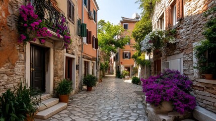 Picturesque European alleyway adorned with vibrant blooms