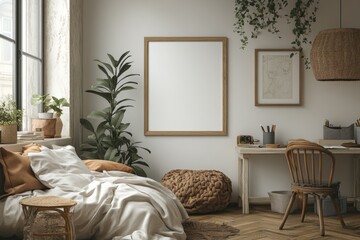 Cozy bohemian bedroom with plants, workspace, and mockup poster