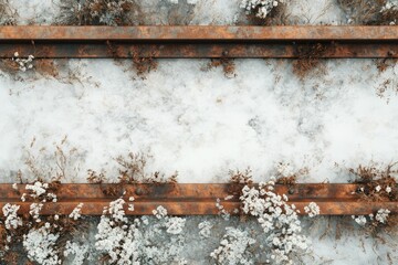 Rusty railroad tracks covered in snow and frost, with hardy winter plants growing around them.