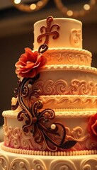 three tiered wedding cake with red flowers on top