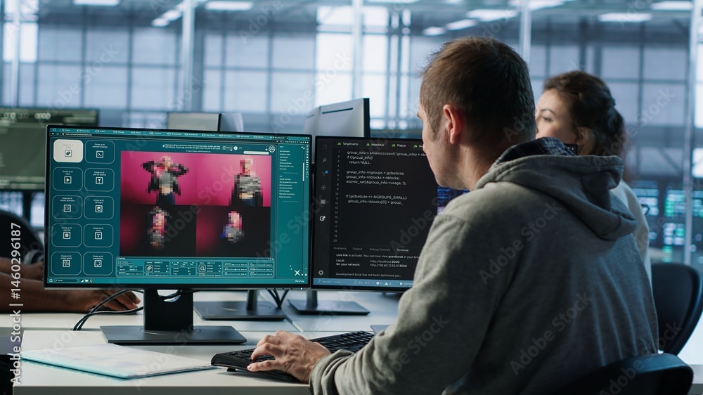 Poster Engineer in server hub making AI software turning text prompt into photos. Technician in data center building text to image artificial intelligence generator transforming words into pictures, camera A