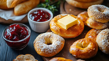 Close-up of fresh bagels with butter, fruit spreads and jams, morning meal and brunch for food lovers, print for National Homemade Bread Day and National Bagel Day