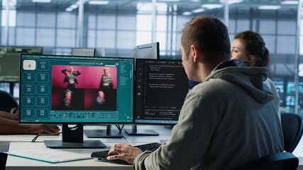 Engineer in server hub making AI software turning text prompt into photos. Technician in data center building text to image artificial intelligence generator transforming words into pictures, camera A