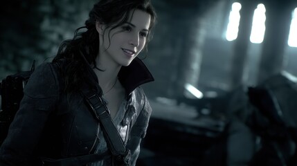 Naklejka premium Woman with dark hair in collared jacket smiling slightly in dimly lit industrial setting