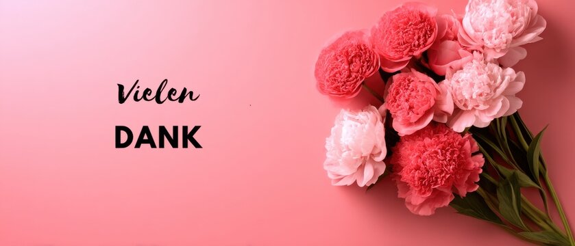 Zartrosa Pfingstrosenstrau&szlig; mit Vielen Dank Gru&szlig;botschaft auf einfarbigem Hintergrund f&uuml;r Dankbarkeit und Wertsch&auml;tzung