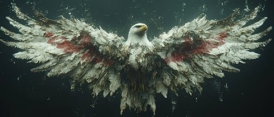 Majestic eagle, wings burdened by debris, symbolic of environmental plight