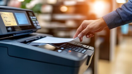 Office Worker Using Photocopier, A person using a photocopier to make copies in an office setting