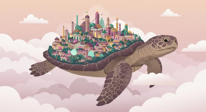 City on a Turtle's Shell in the Clouds: A Whimsical Illustration