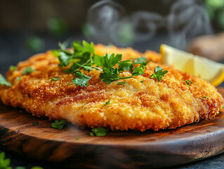 Golden breaded cutlet garnished with parsley and lemon on wood serving board