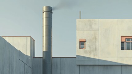 Industrial building with smoke stack, minimalistic view, daylight