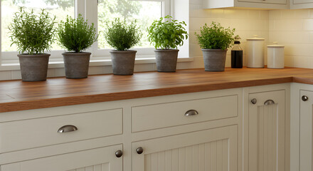Fototapeta premium Fresh Herbs In Pots Decorating A Bright Country Style Kitchen Countertop