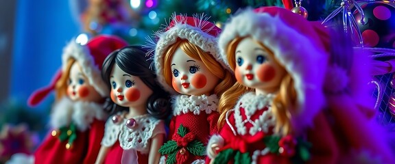 Fototapeta premium group of dolls standing next to a christmas tree