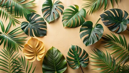Naklejka premium Tropical Leaf Arrangement on a Pastel Background A Visually Appealing Composition of Lush Greenery