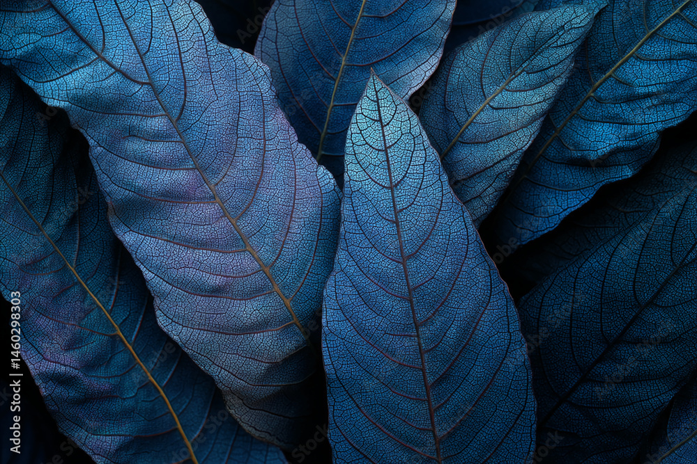 Poster Close-up of deep blue leaf texture, showcasing intricate vein patterns, creating a rich and detailed appearance symbolizing nature's artistry and serene beauty, ideal for design background